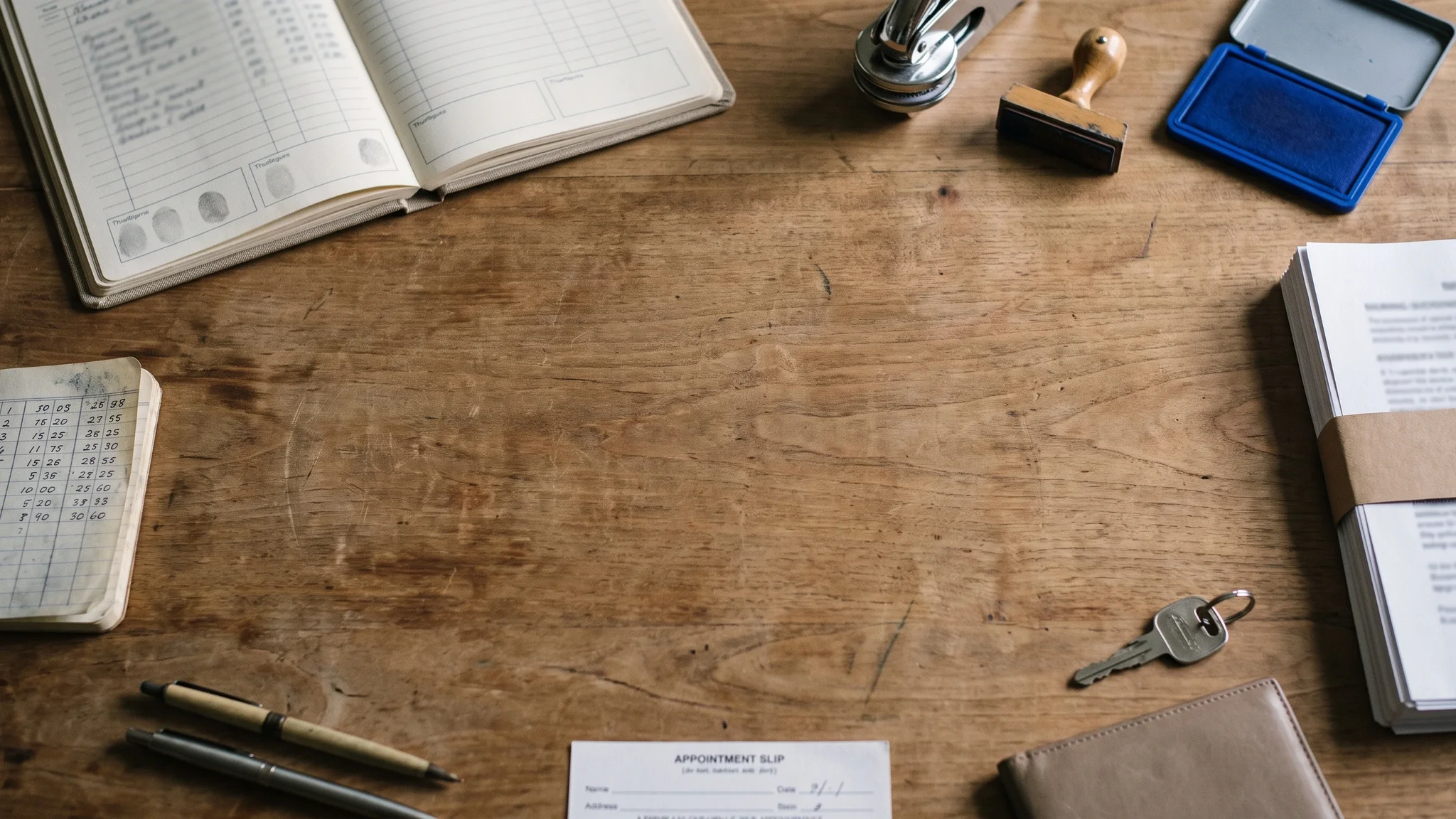 A ruled notary journal open on a wooden table, beside a round embosser, a rubber stamp and a blue ink pad, a pocket mileage notebook, a banded stack of signing documents, a car key and a document wallet.